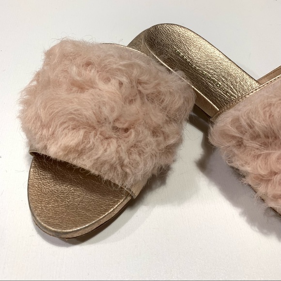 Loeffler Randall Domino Slides Metallic Rose Gold Faux Fur Mob Wife Chic 5 - Picture 11 of 15